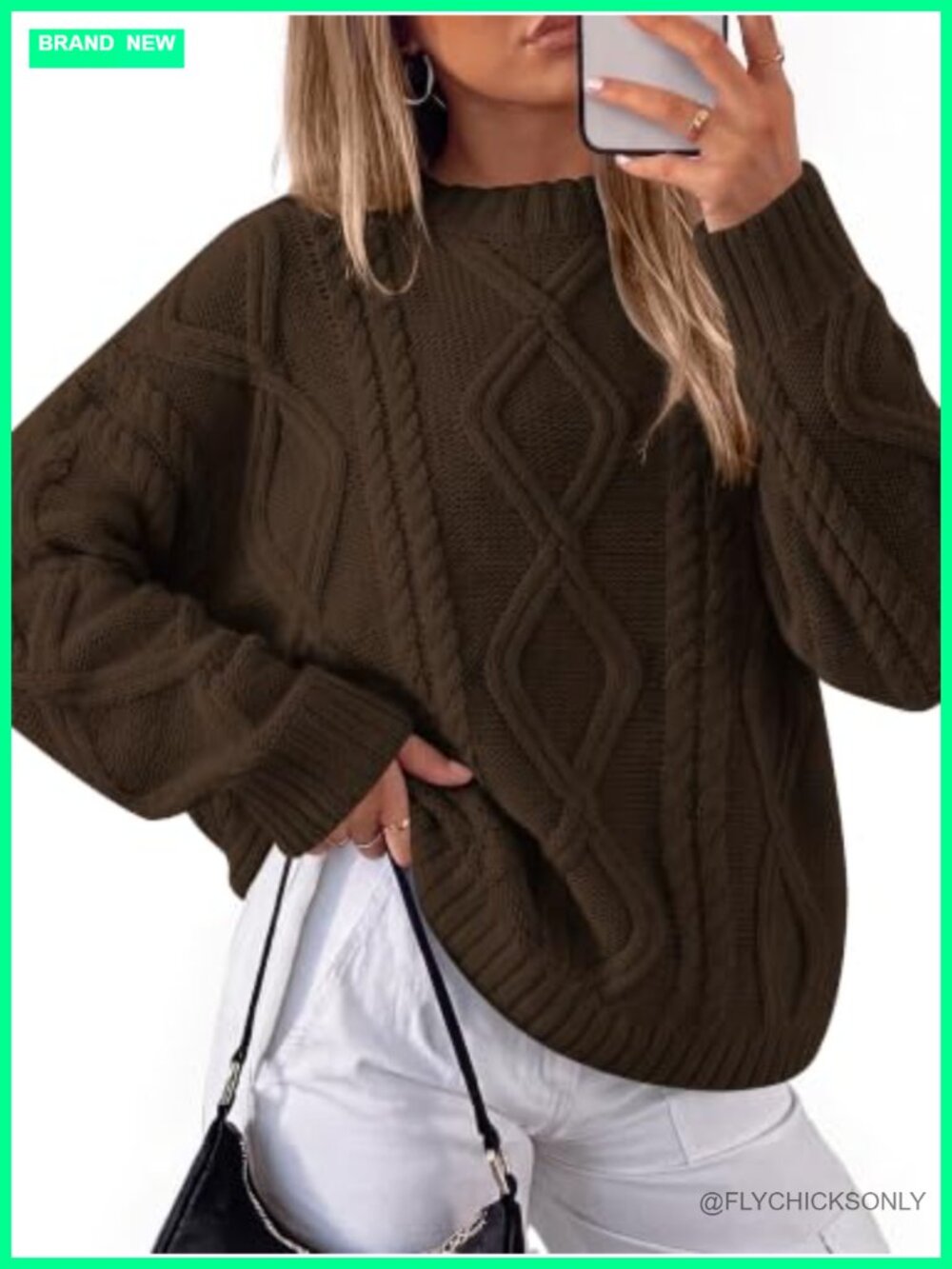 Cable Knit Oversized Sweater Lantern Sleeve Crew Neck Pullover